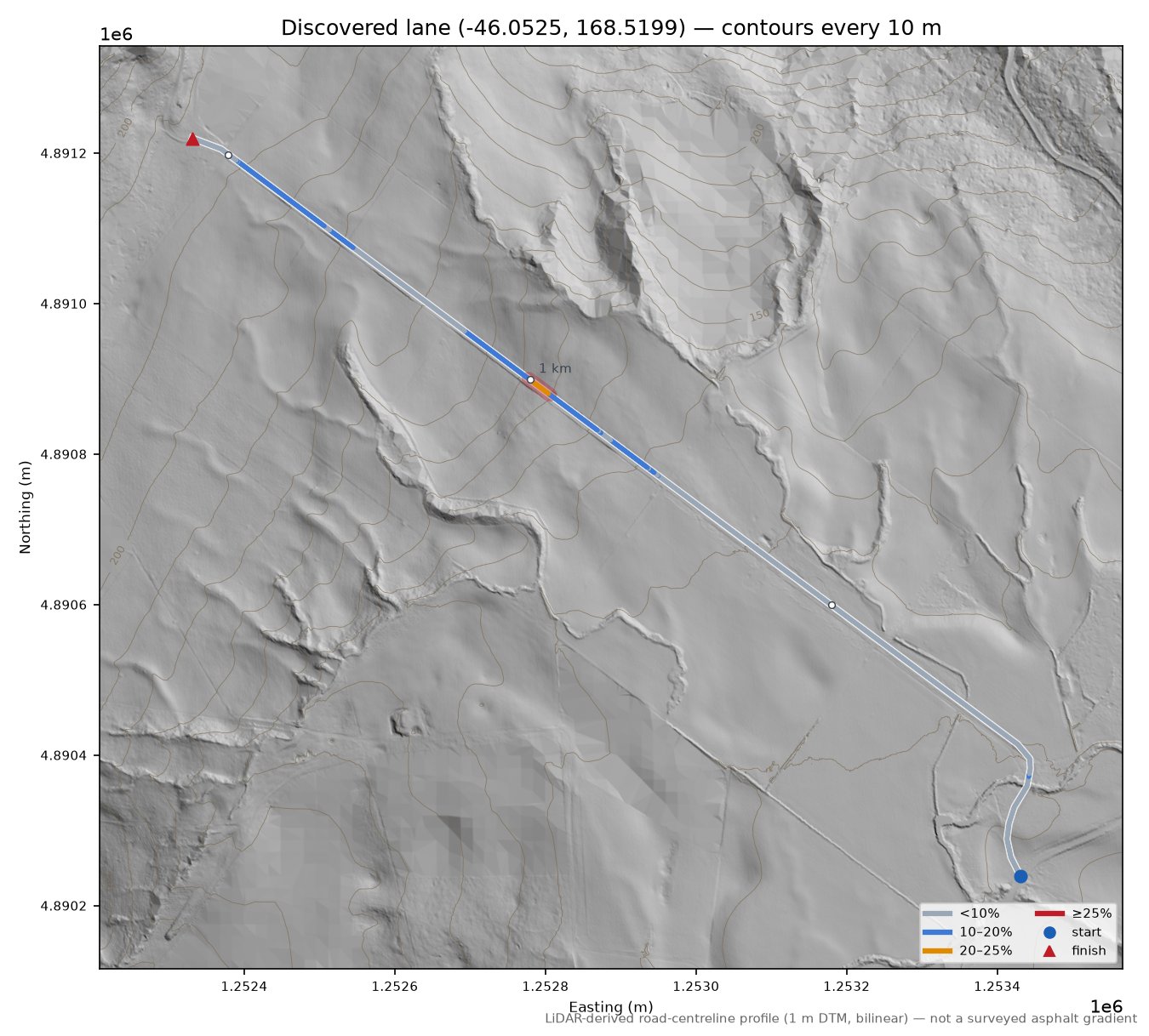 Discovered lane (-46.0525, 168.5199) LiDAR hillshade map with contours