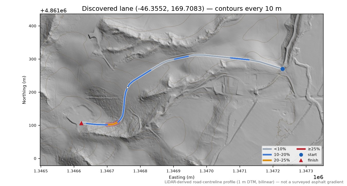 Discovered lane (-46.3552, 169.7083) LiDAR hillshade map with contours