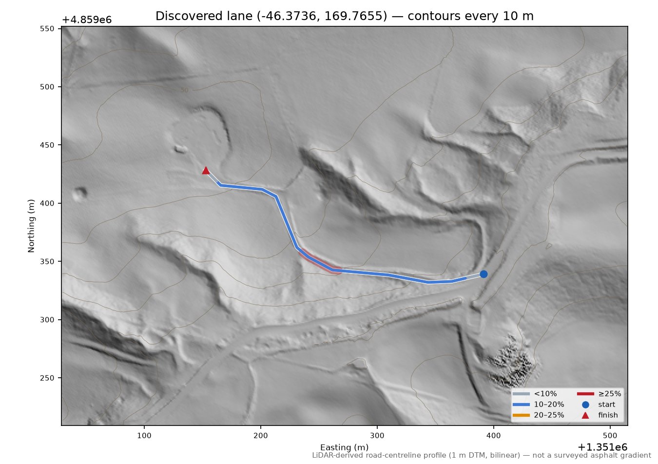 Discovered lane (-46.3736, 169.7655) LiDAR hillshade map with contours