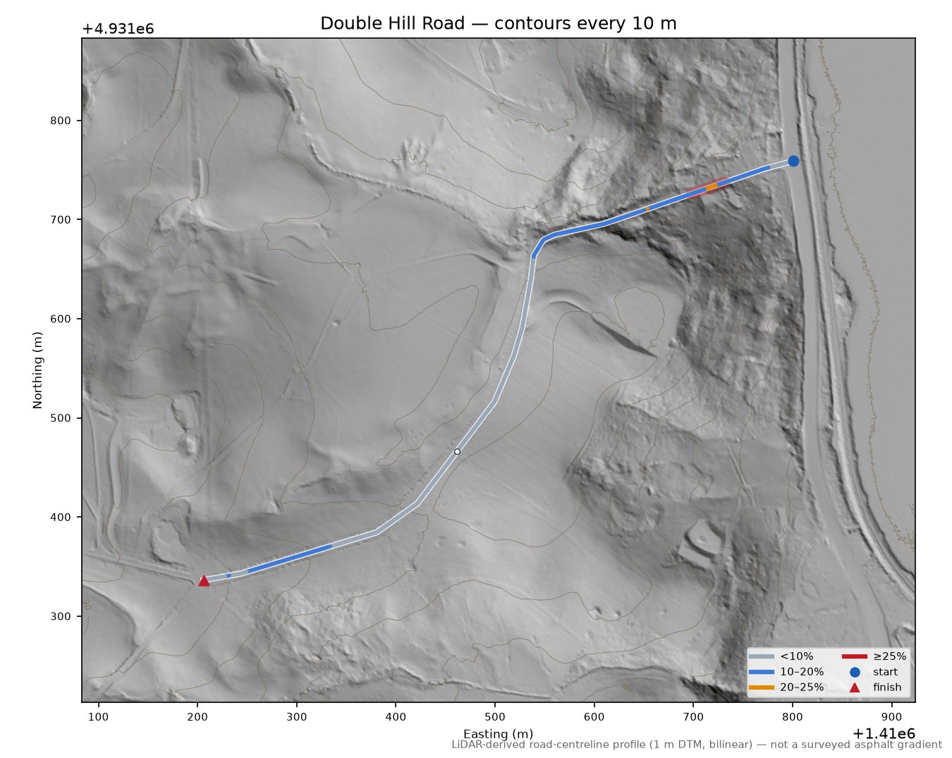 Double Hill Road LiDAR hillshade map with contours