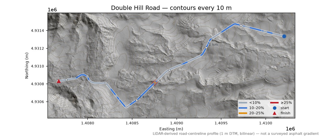 Double Hill Road LiDAR hillshade map with contours