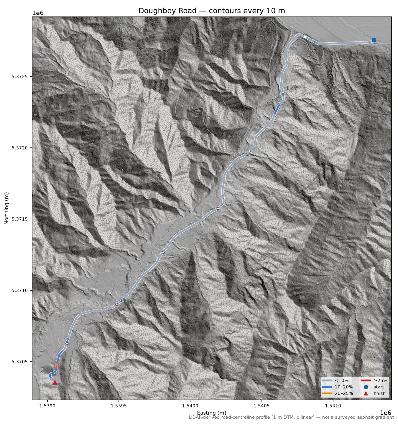 Doughboy Road LiDAR hillshade map with contours