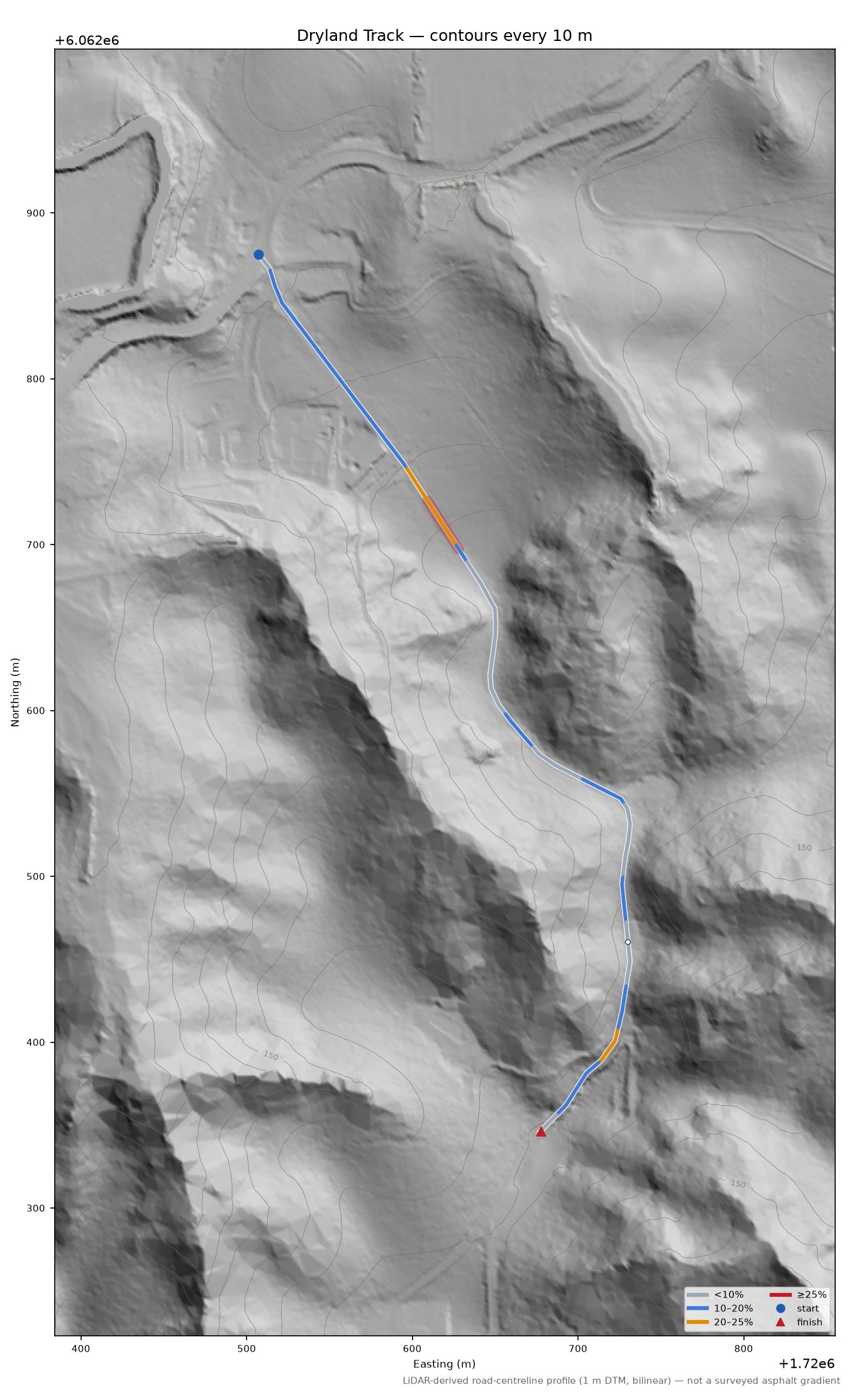 Dryland Track LiDAR hillshade map with contours