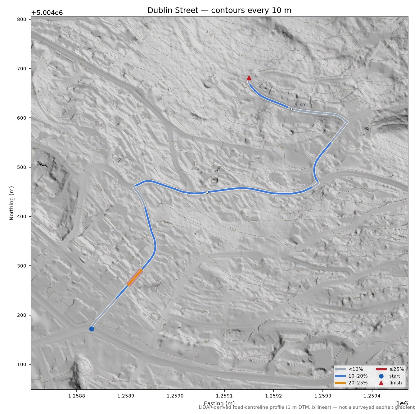 Dublin Street LiDAR hillshade map with contours