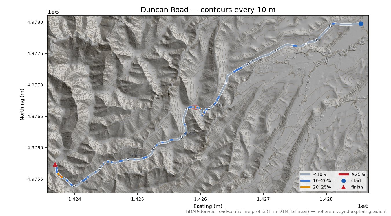 Duncan Road LiDAR hillshade map with contours