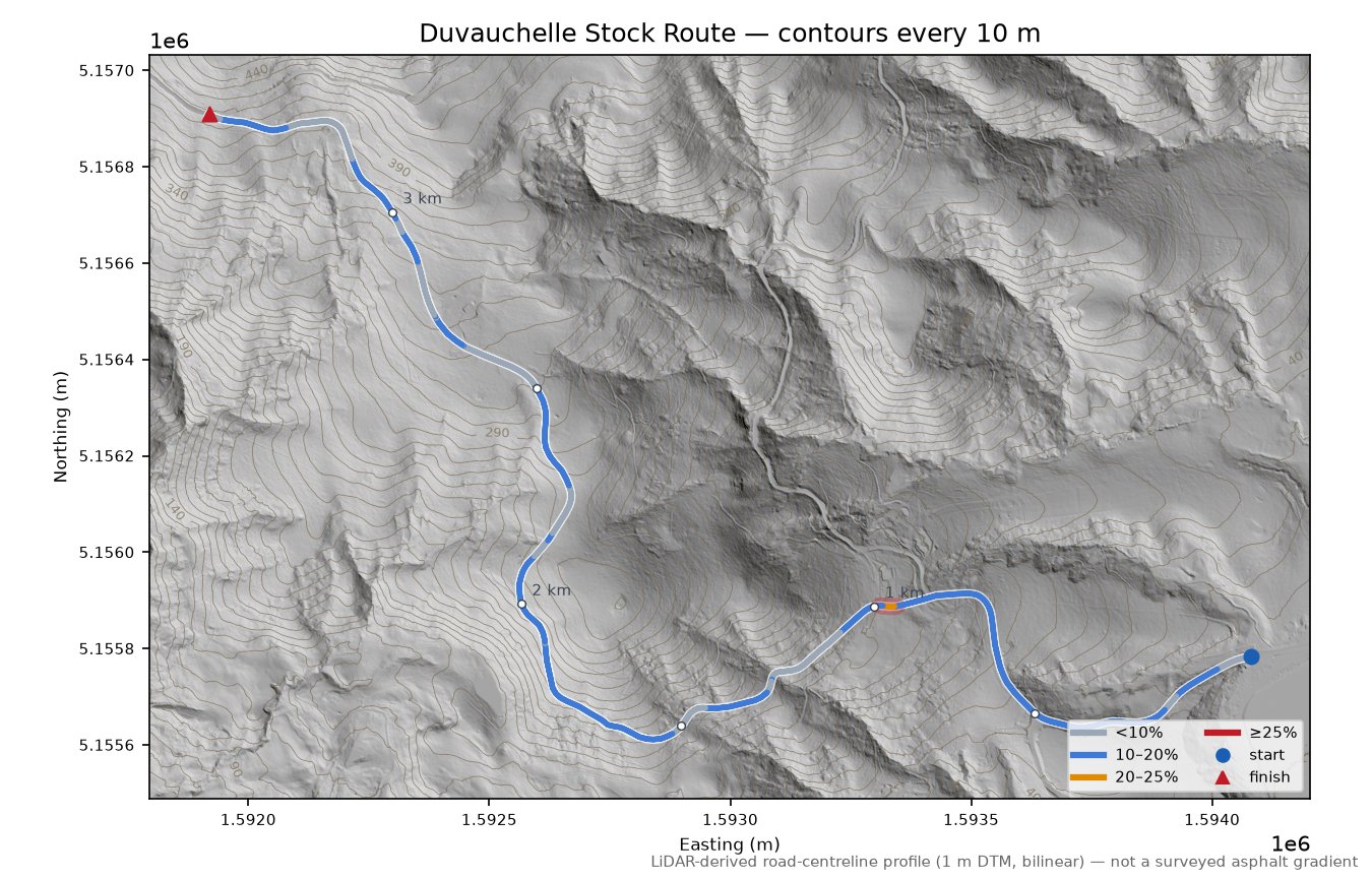 Duvauchelle Stock Route LiDAR hillshade map with contours