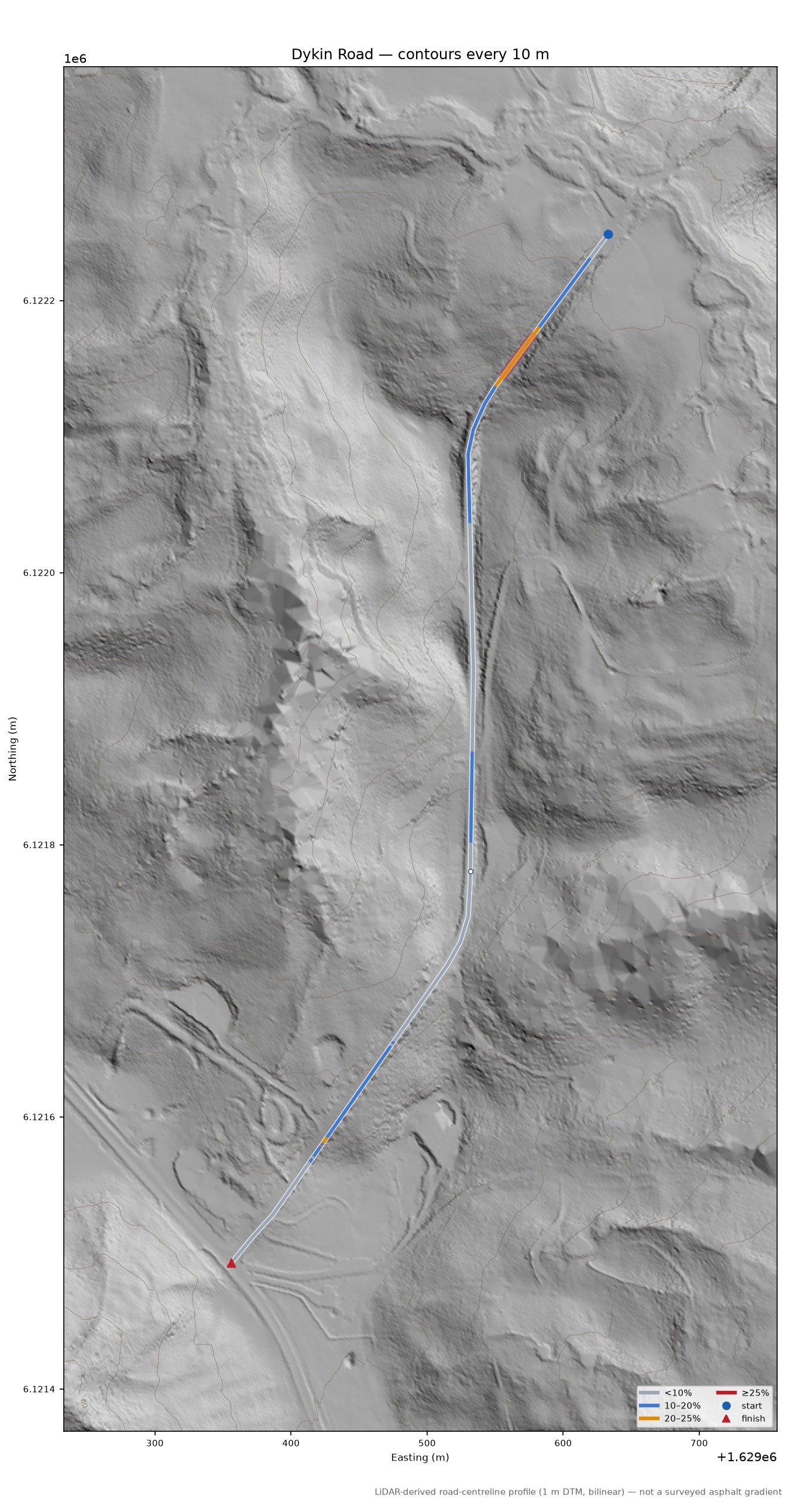 Dykin Road LiDAR hillshade map with contours