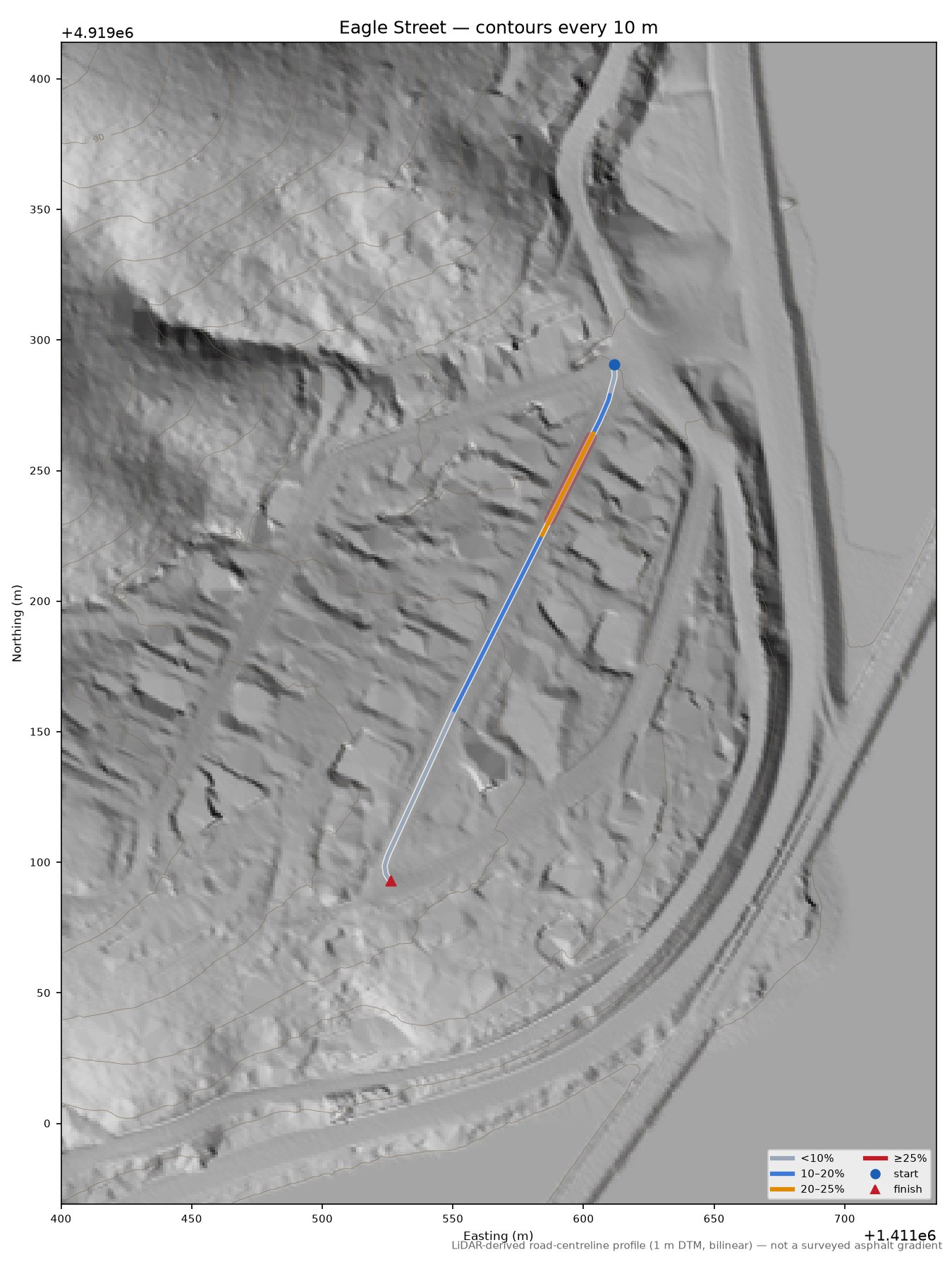 Eagle Street LiDAR hillshade map with contours