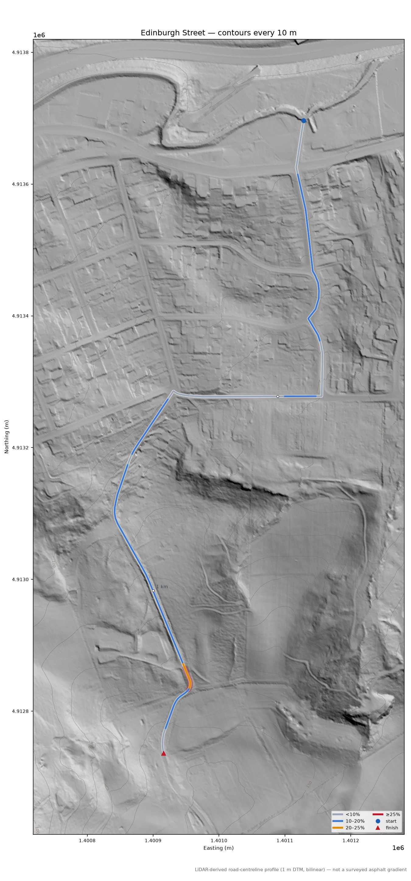 Edinburgh Street LiDAR hillshade map with contours