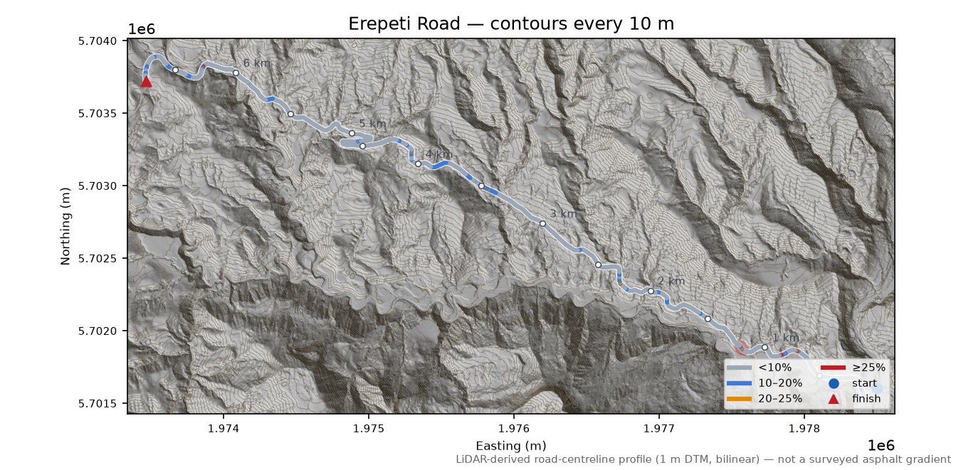 Erepeti Road LiDAR hillshade map with contours