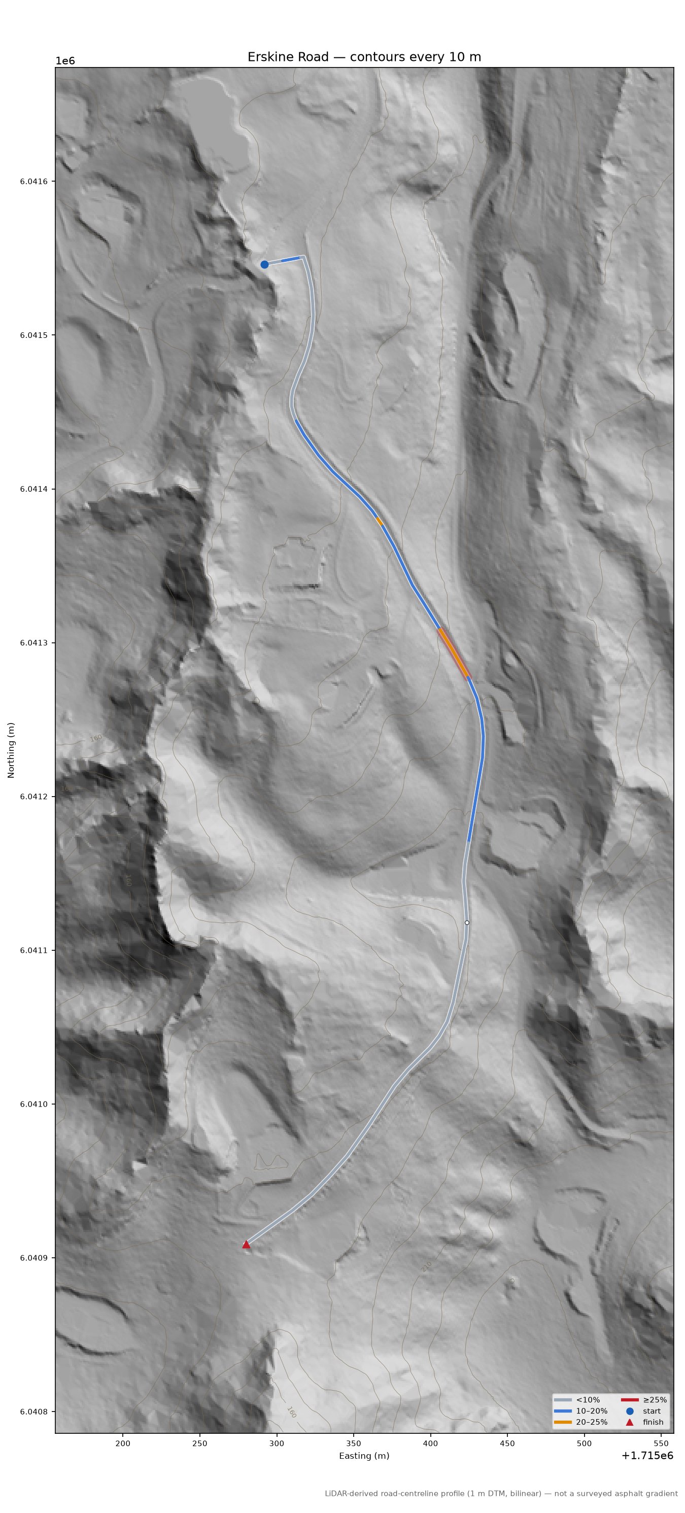 Erskine Road LiDAR hillshade map with contours