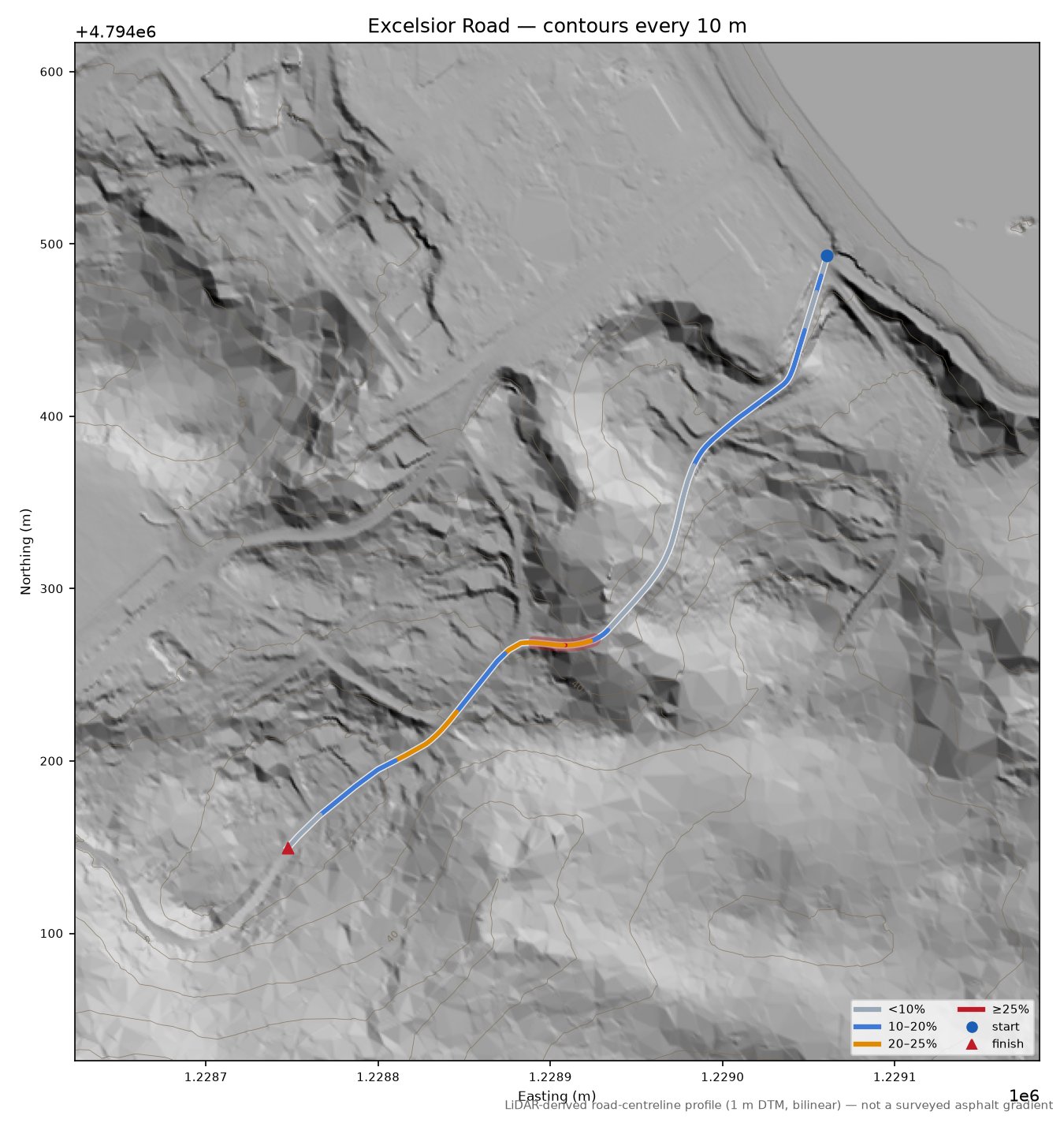 Excelsior Road LiDAR hillshade map with contours