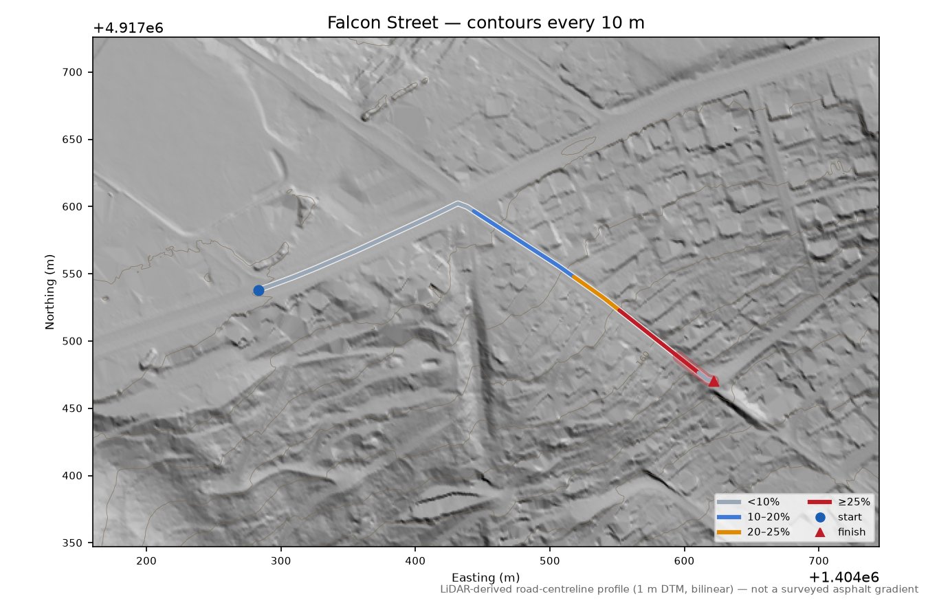 Falcon Street LiDAR hillshade map with contours