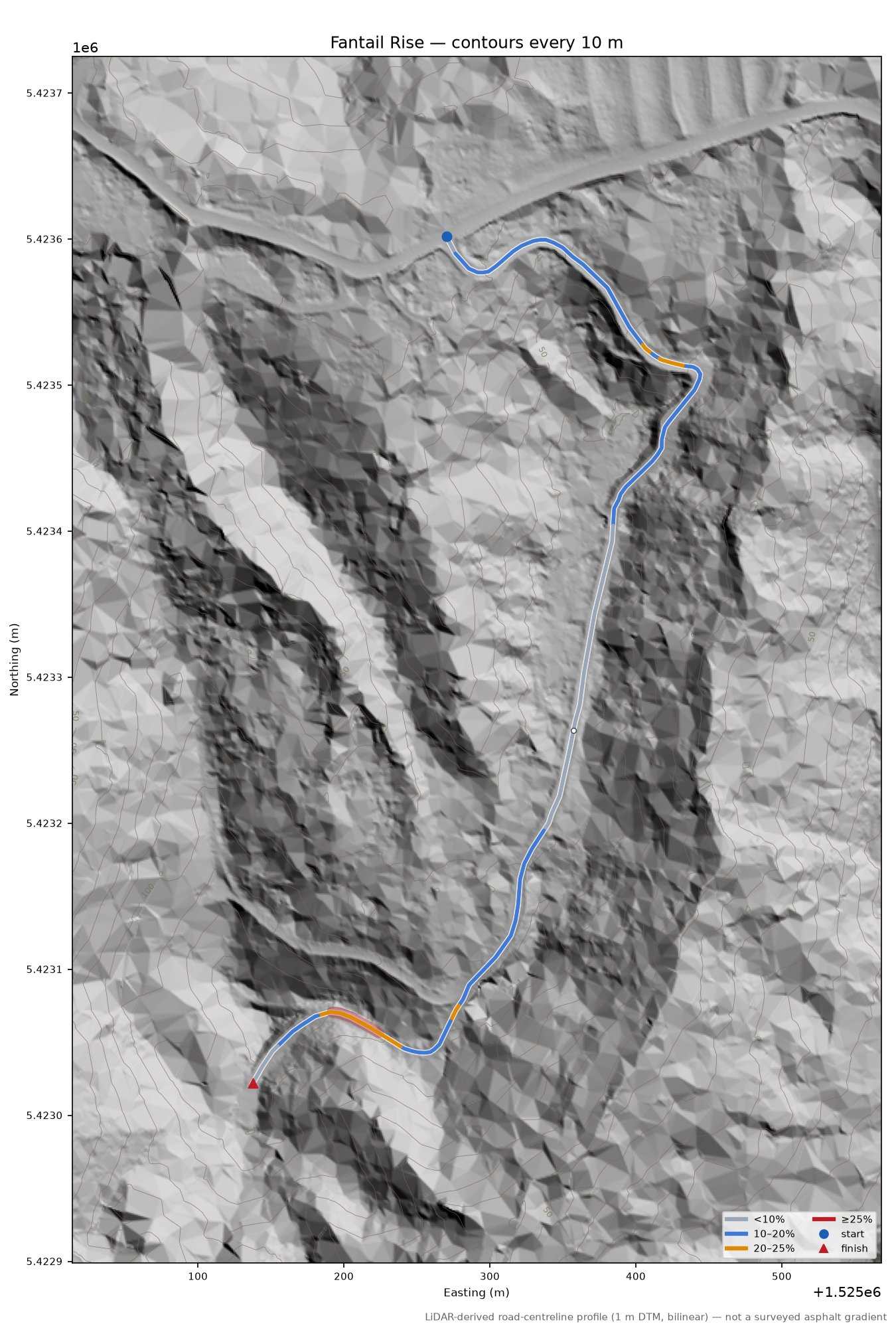 Fantail Rise LiDAR hillshade map with contours