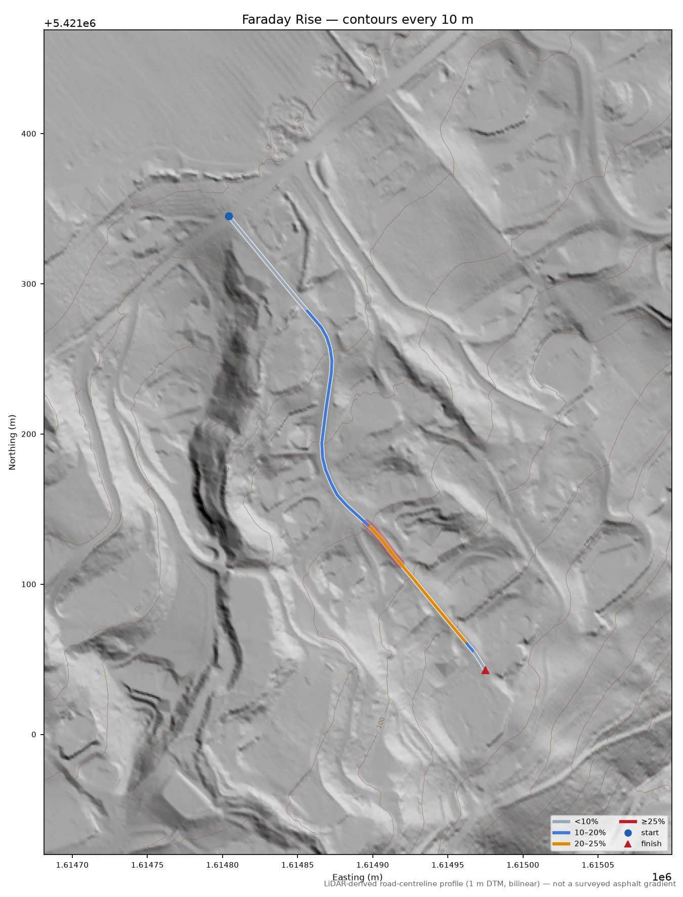 Faraday Rise LiDAR hillshade map with contours