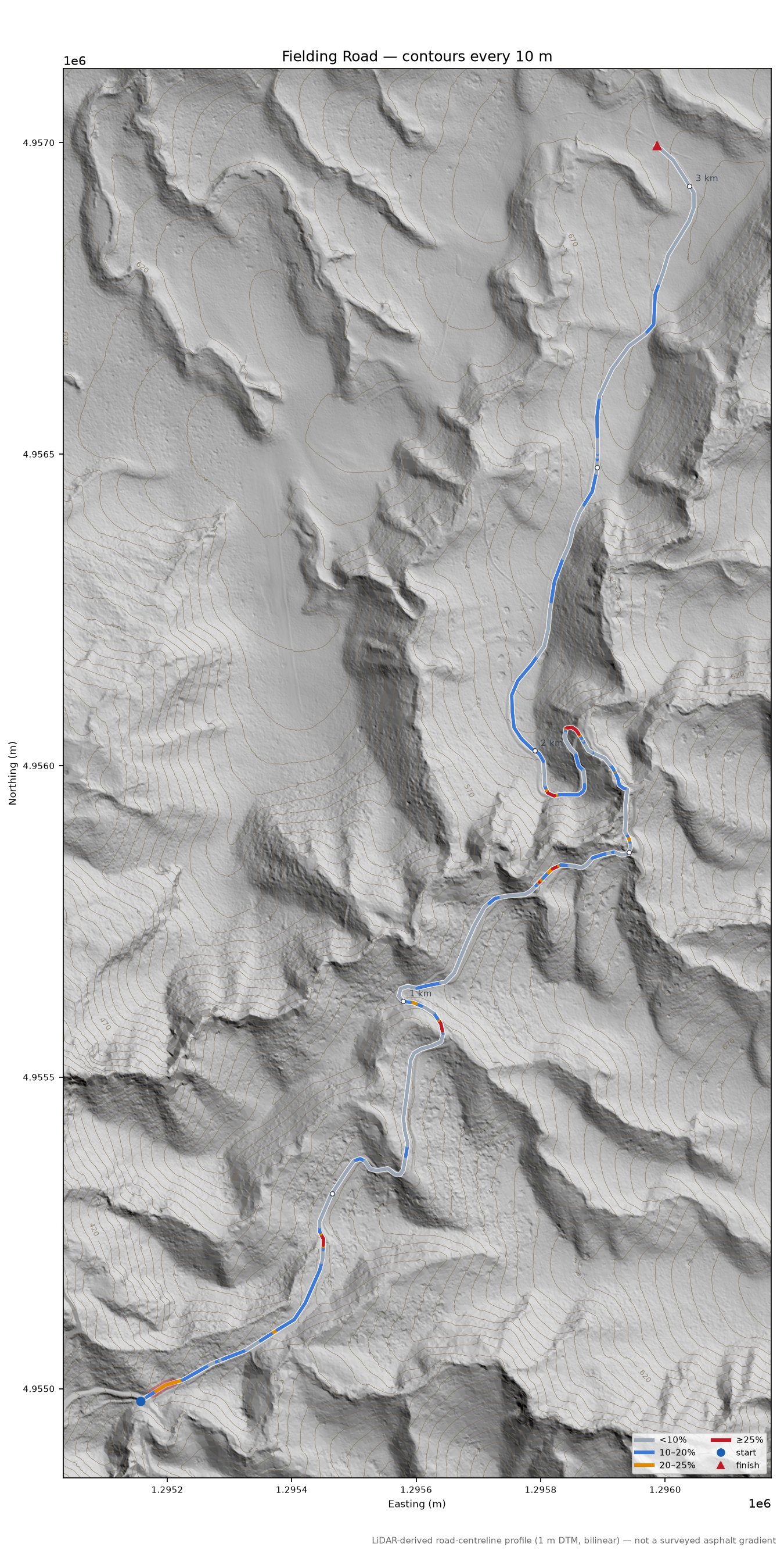 Fielding Road LiDAR hillshade map with contours