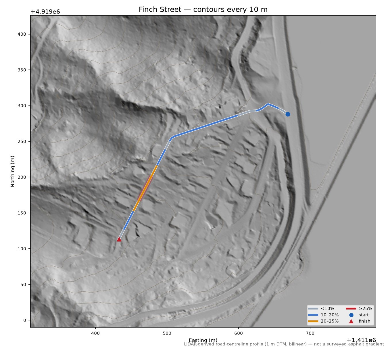 Finch Street LiDAR hillshade map with contours