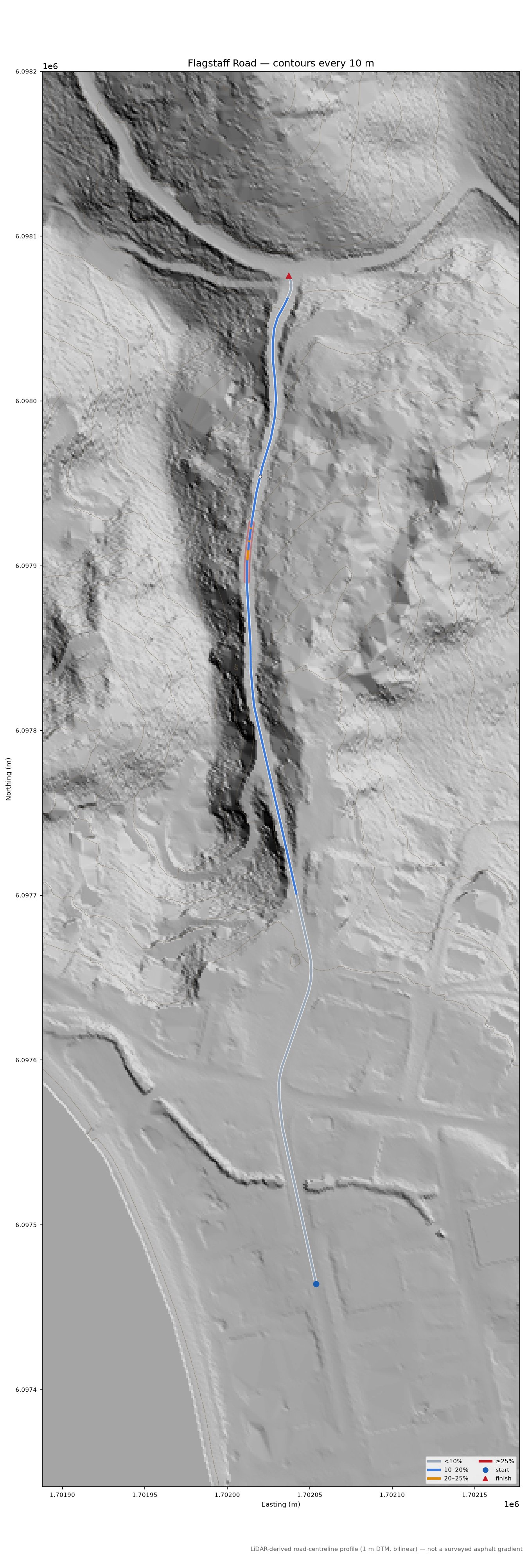 Flagstaff Road LiDAR hillshade map with contours