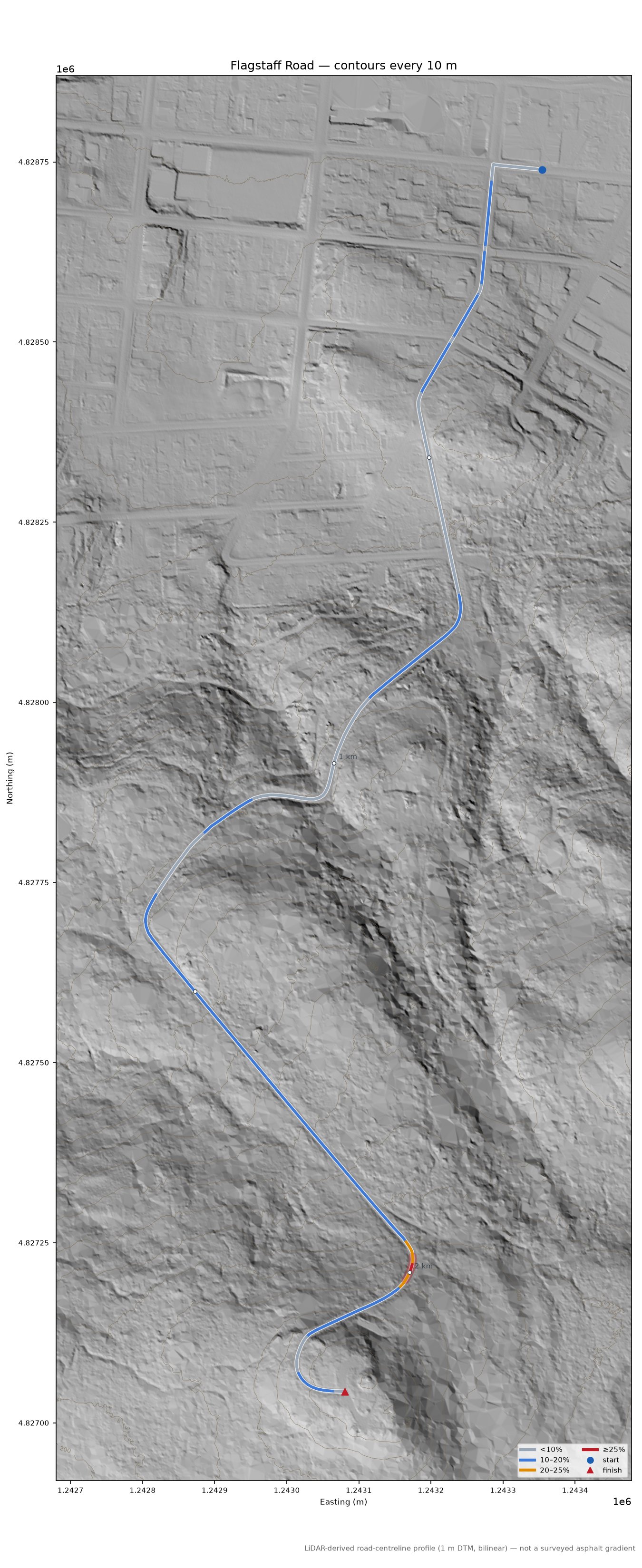 Flagstaff Road LiDAR hillshade map with contours