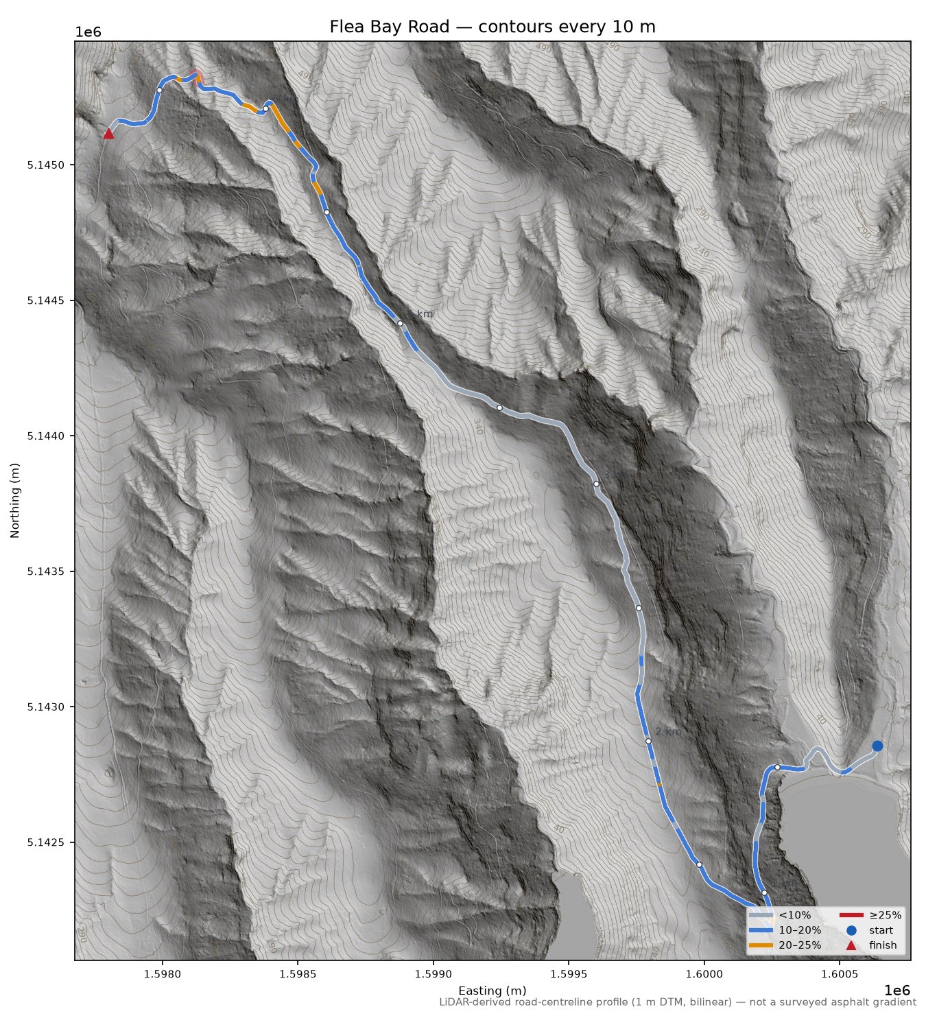Flea Bay Road LiDAR hillshade map with contours