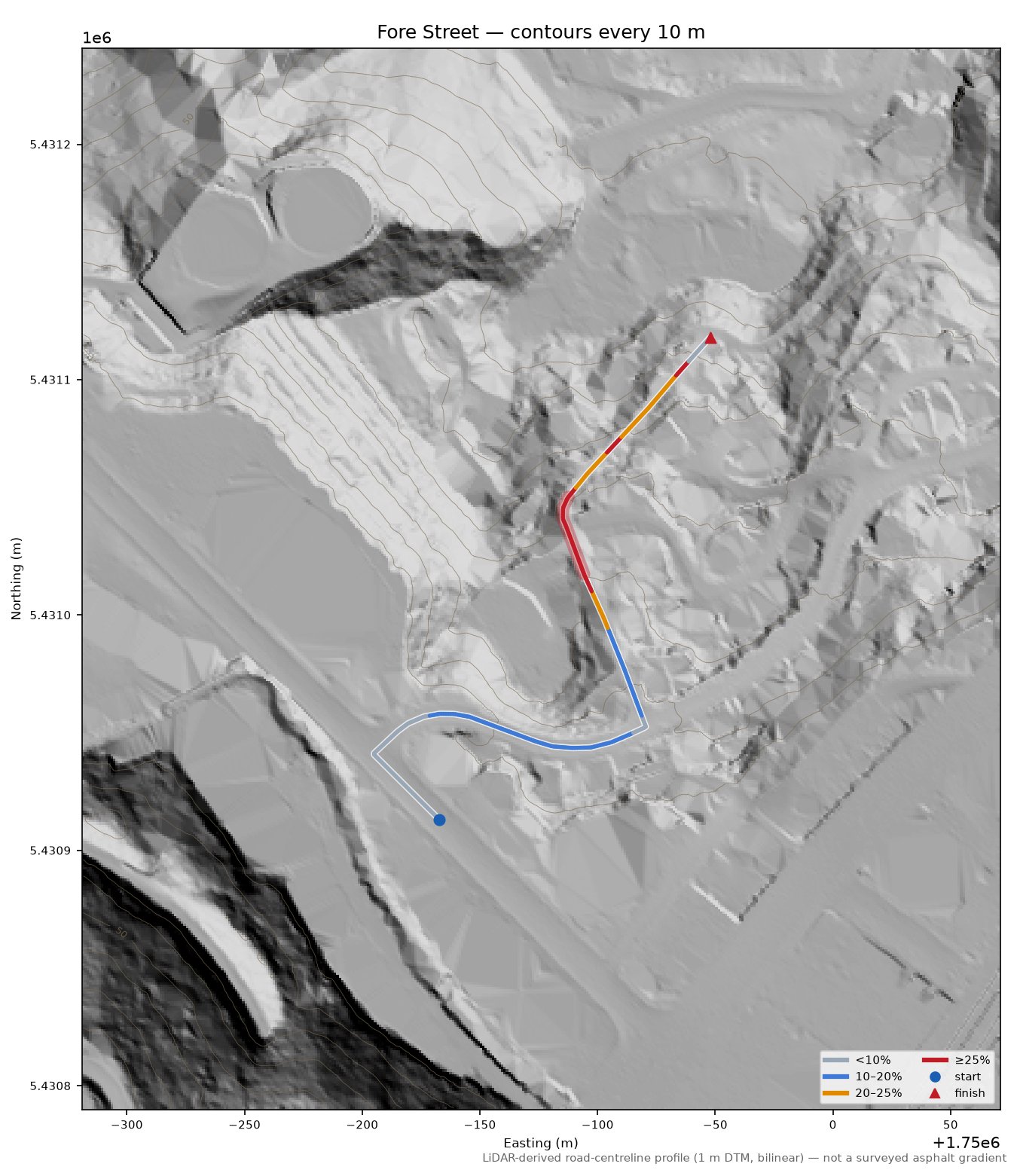 Fore Street LiDAR hillshade map with contours
