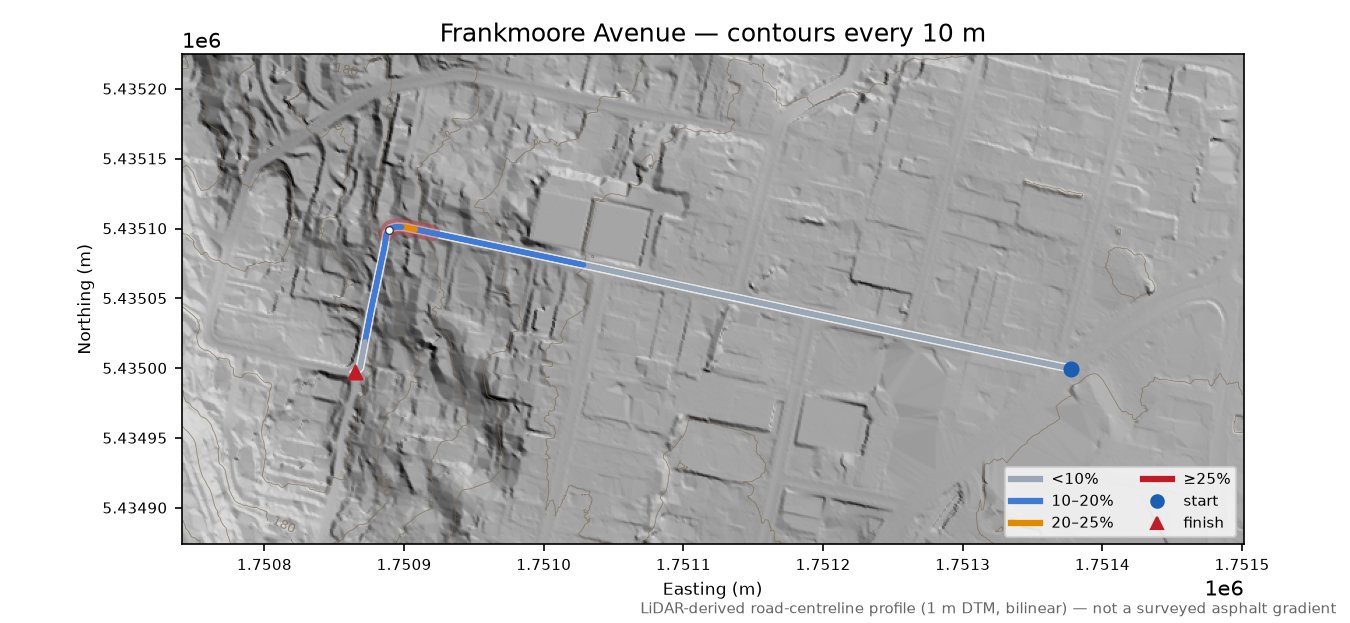 Frankmoore Avenue LiDAR hillshade map with contours