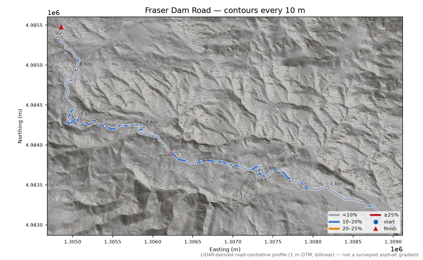 Fraser Dam Road LiDAR hillshade map with contours