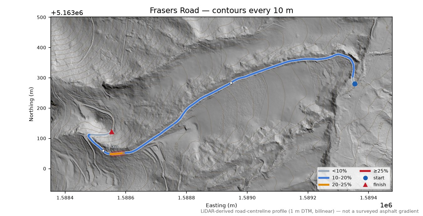Frasers Road LiDAR hillshade map with contours