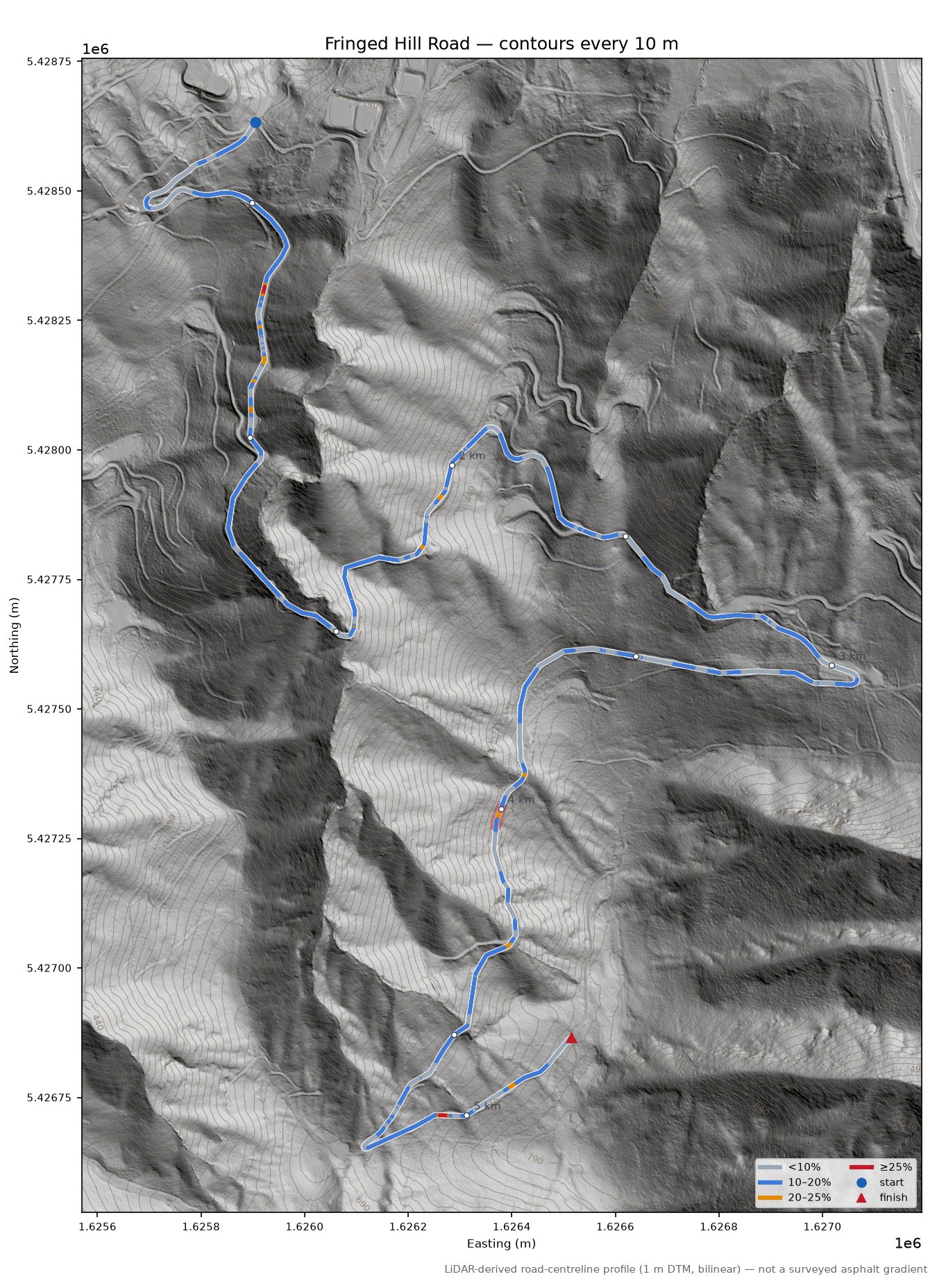 Fringed Hill Road LiDAR hillshade map with contours