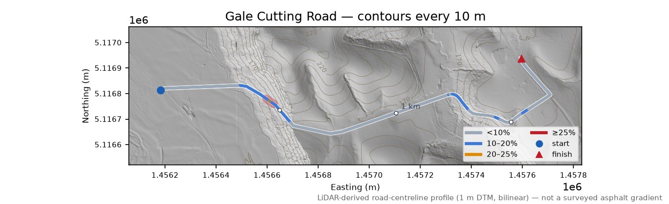 Gale Cutting Road LiDAR hillshade map with contours