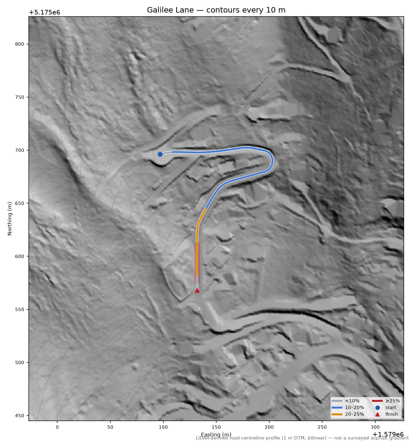 Galilee Lane LiDAR hillshade map with contours
