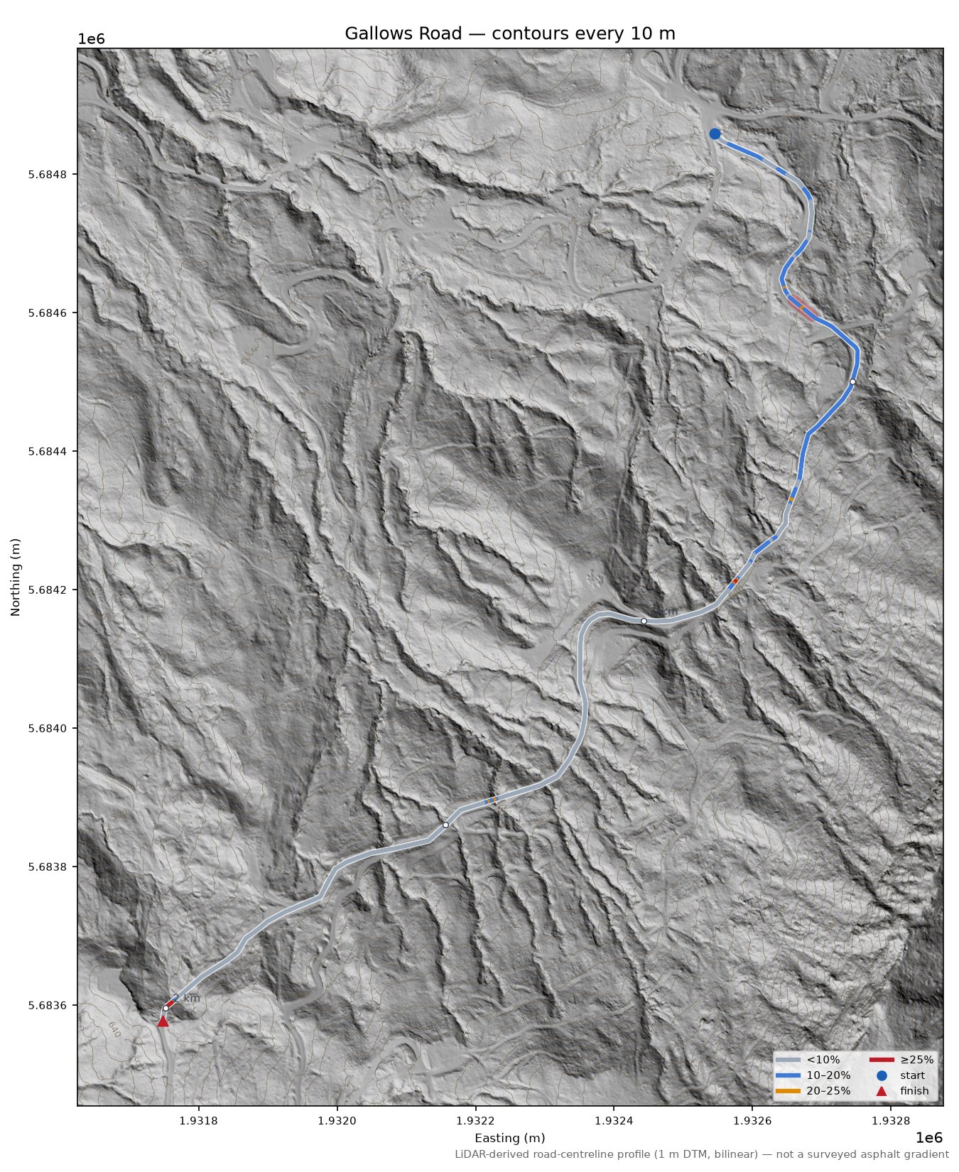 Gallows Road LiDAR hillshade map with contours