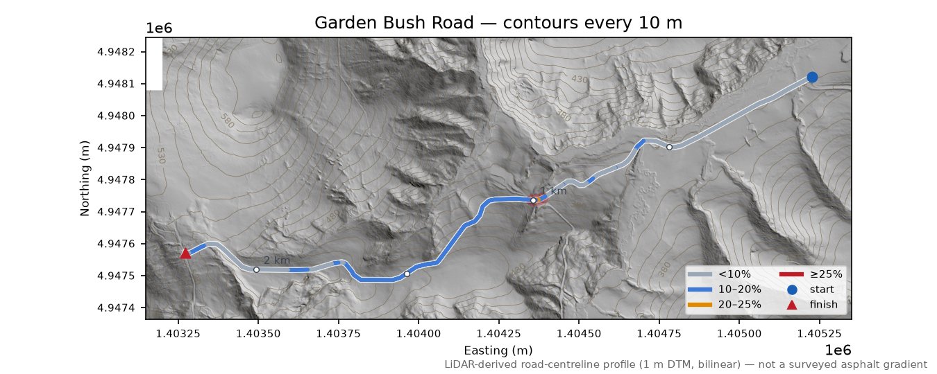 Garden Bush Road LiDAR hillshade map with contours