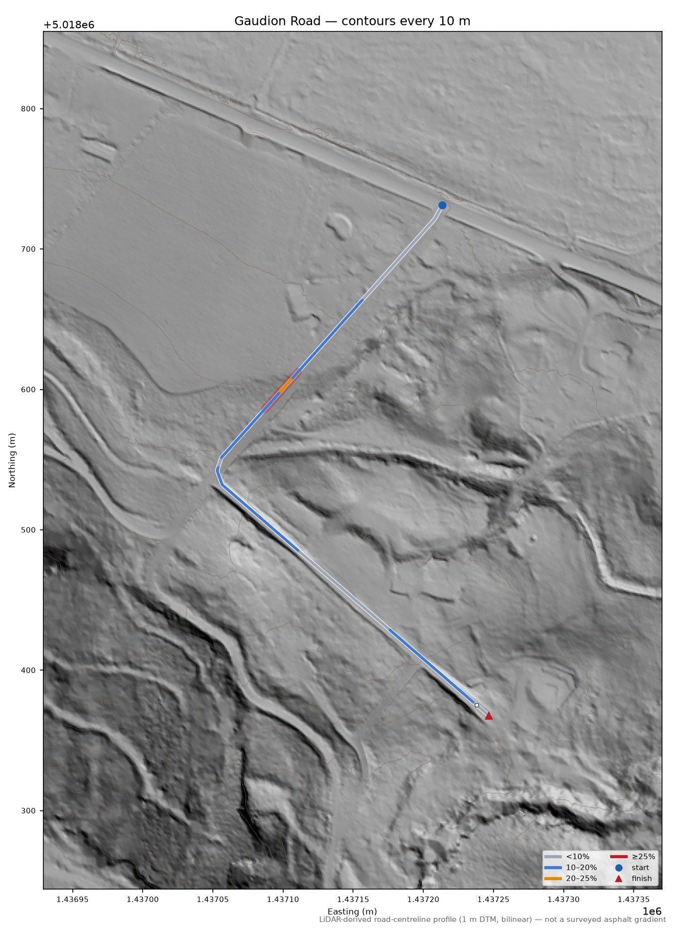 Gaudion Road LiDAR hillshade map with contours