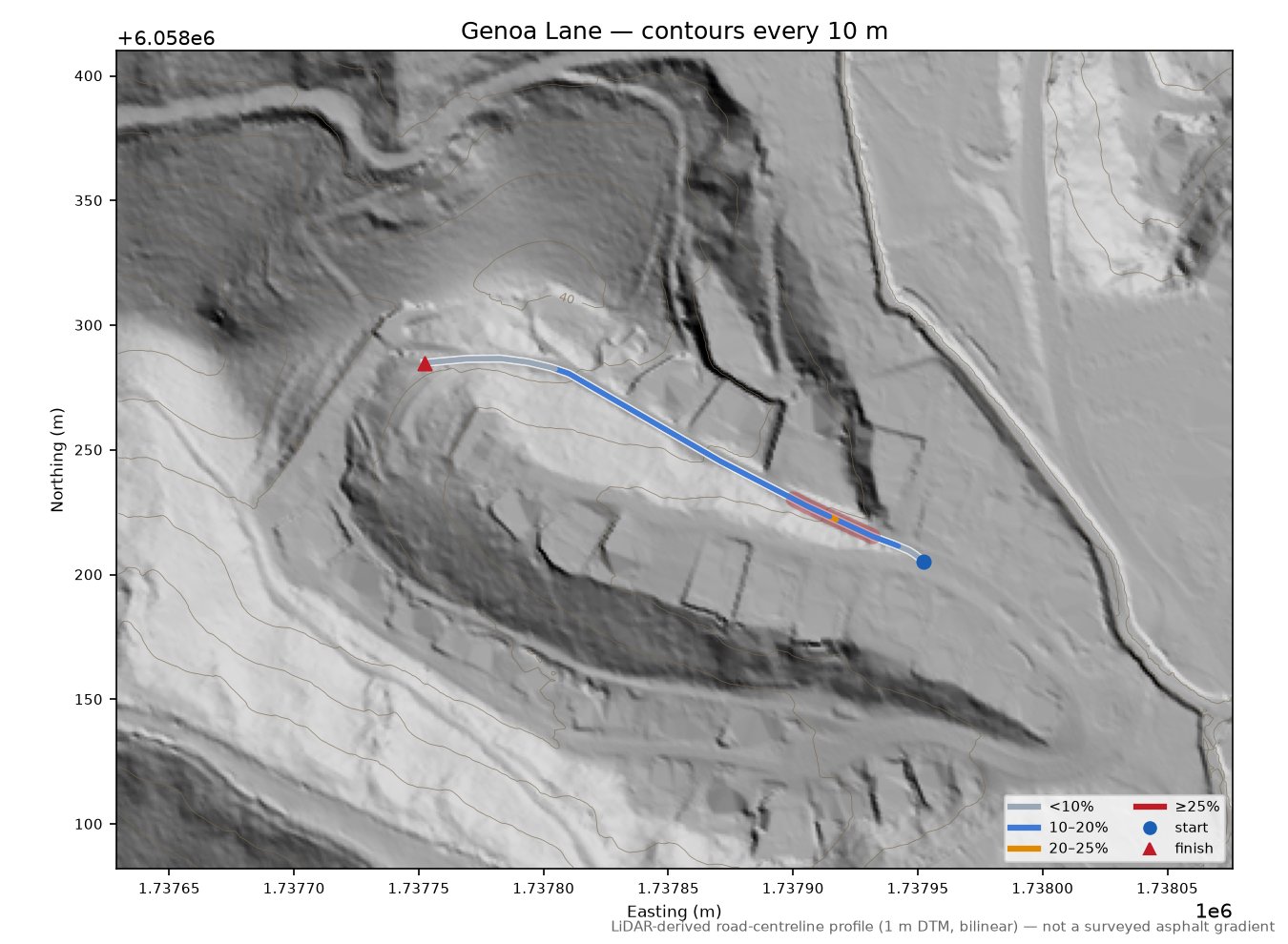 Genoa Lane LiDAR hillshade map with contours
