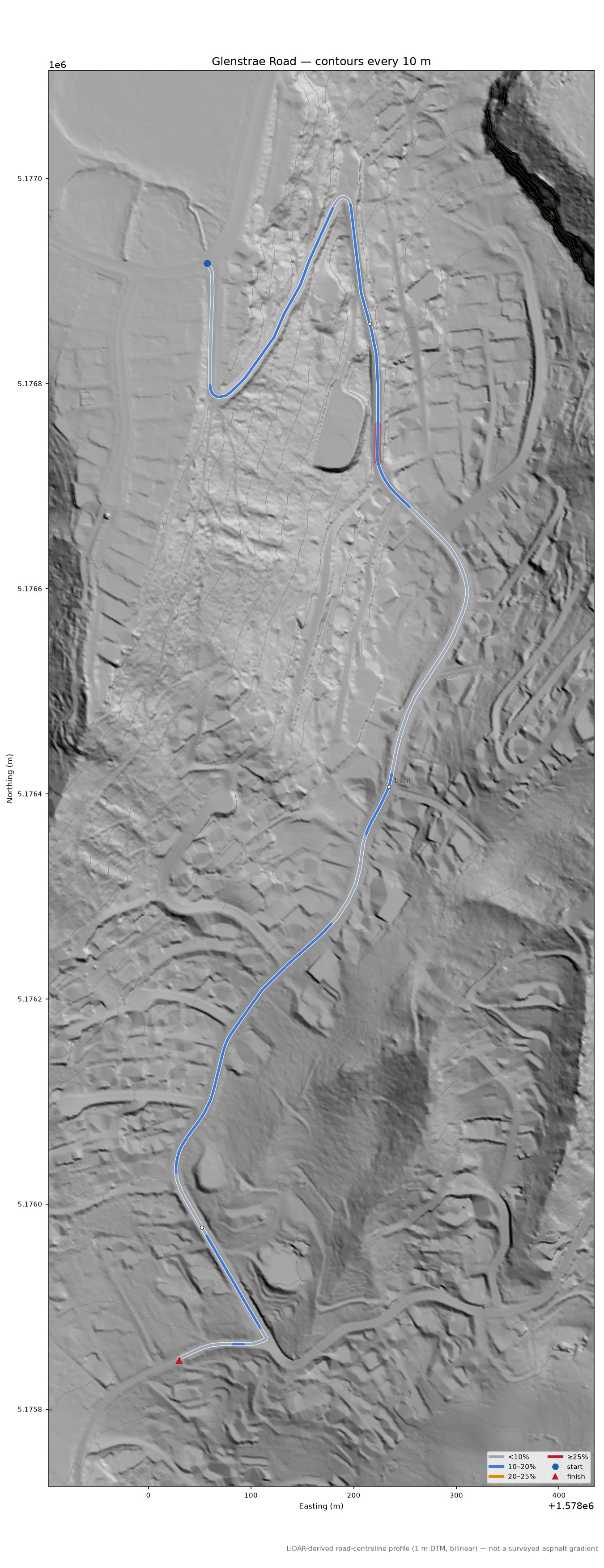 Glenstrae Road LiDAR hillshade map with contours