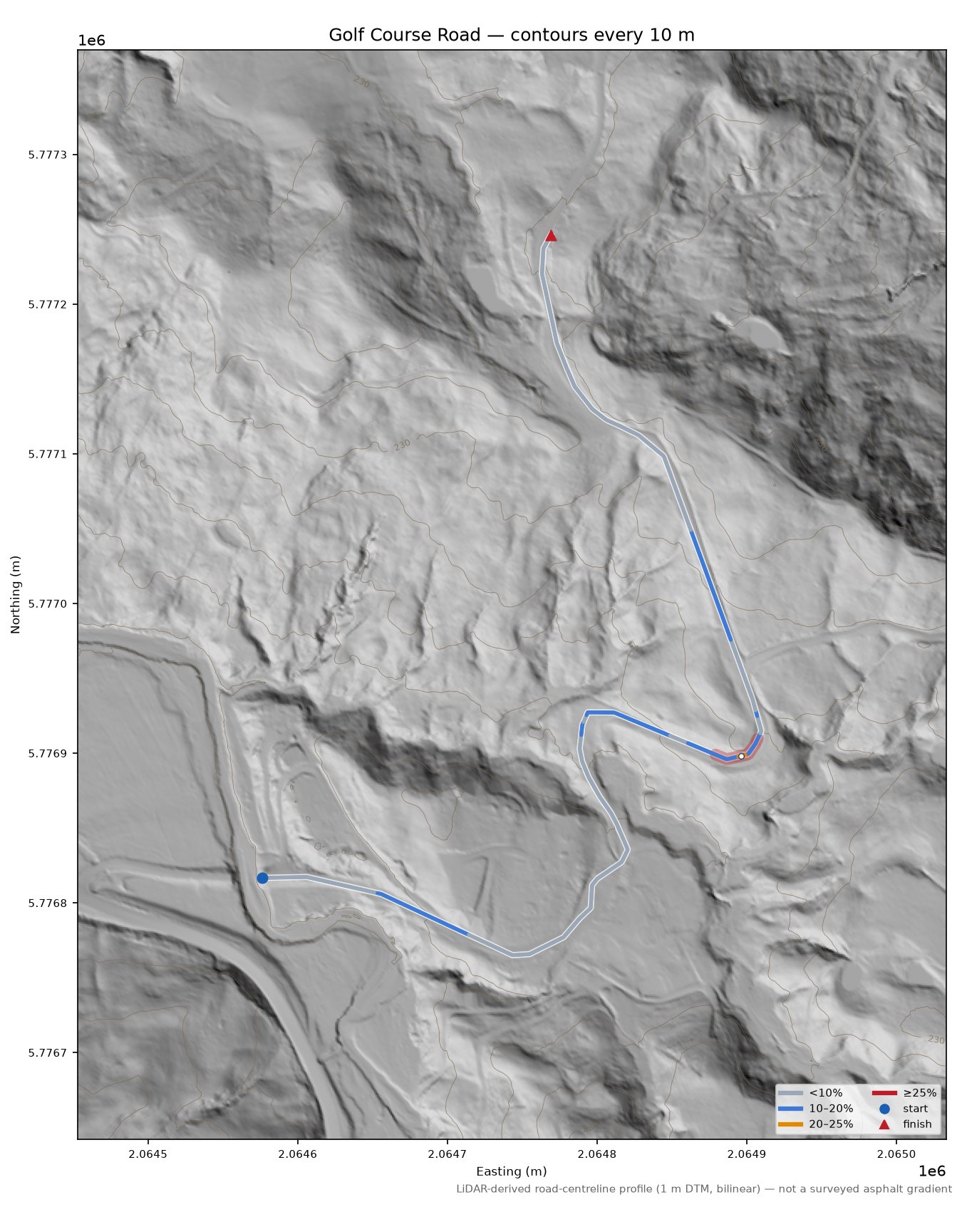 Golf Course Road LiDAR hillshade map with contours