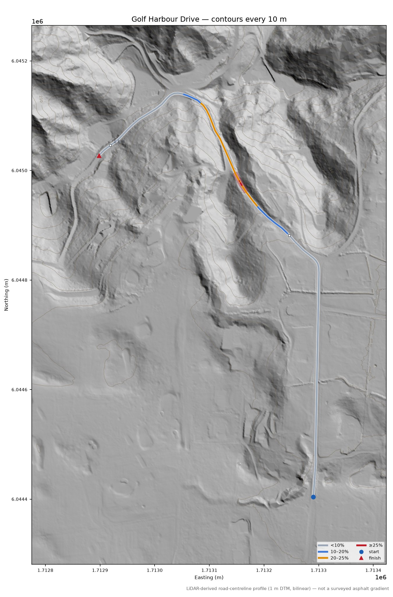 Golf Harbour Drive LiDAR hillshade map with contours