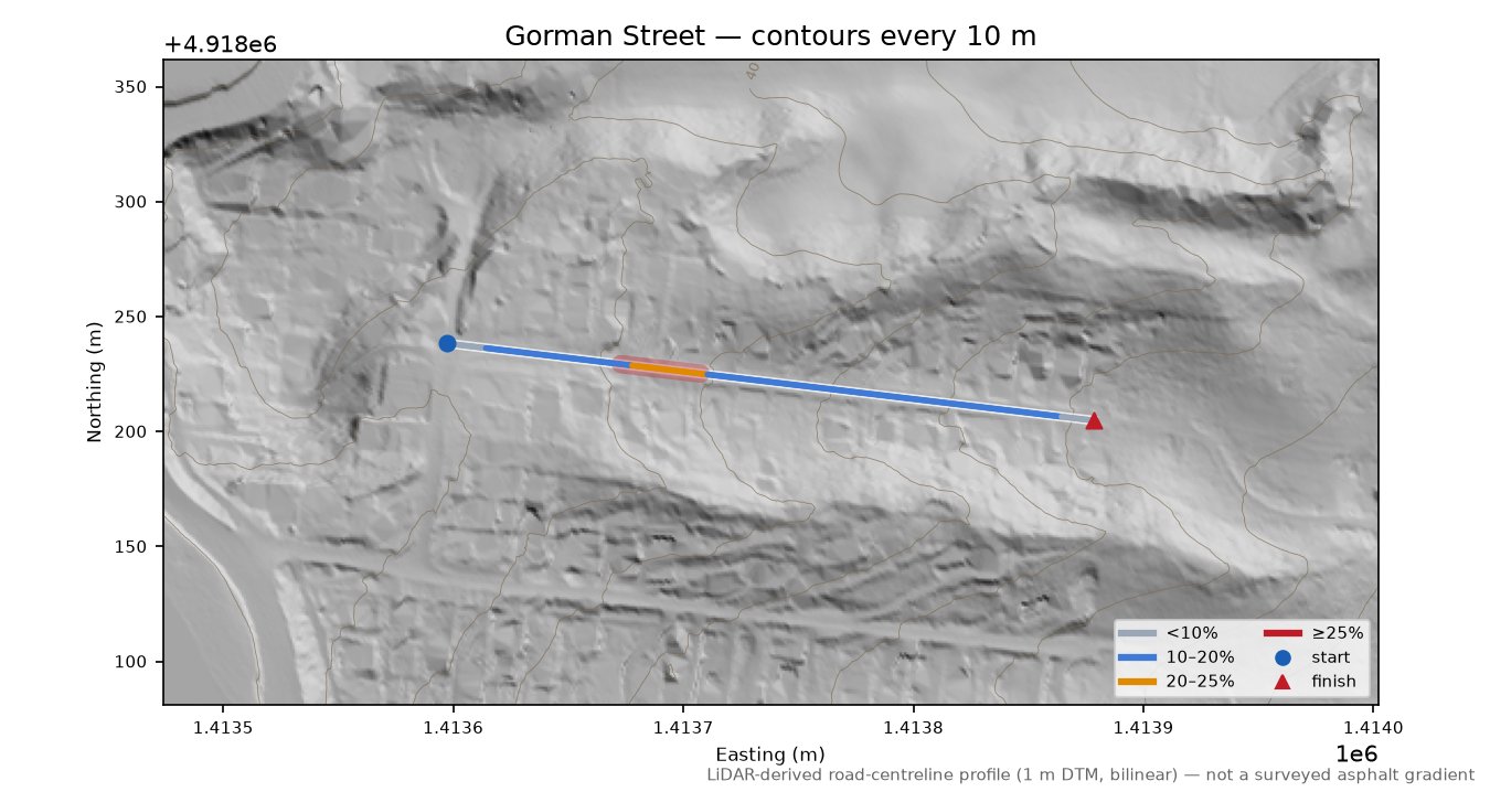Gorman Street LiDAR hillshade map with contours