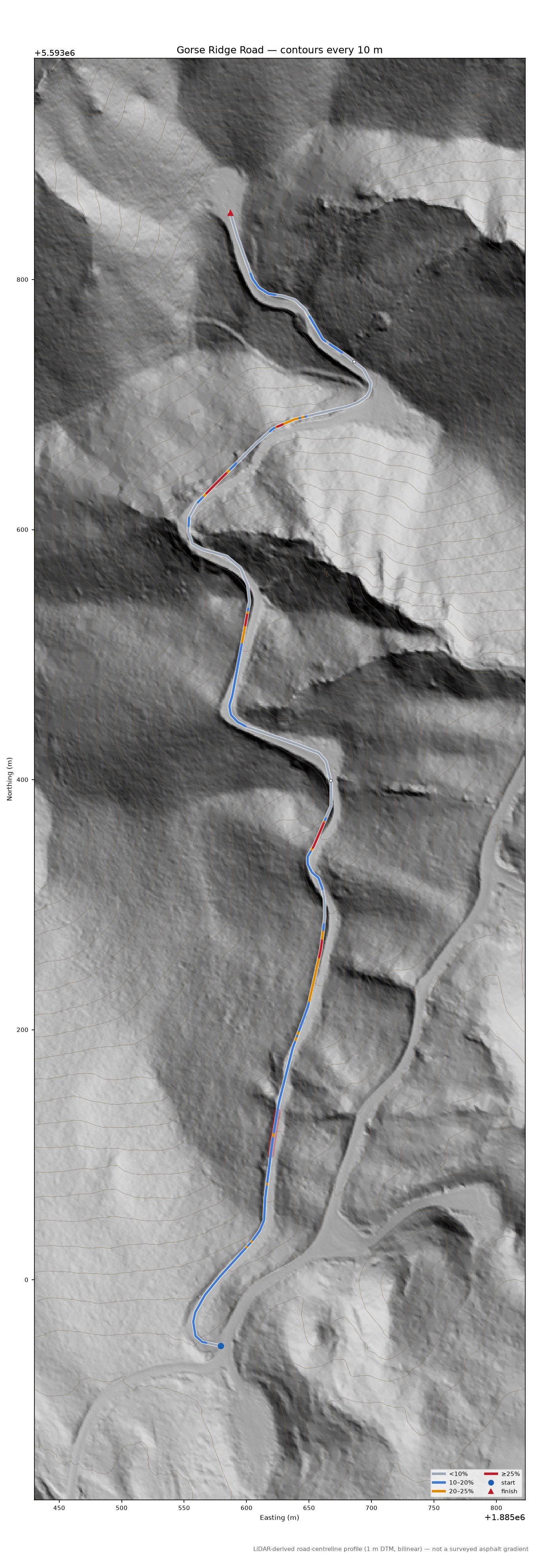 Gorse Ridge Road LiDAR hillshade map with contours