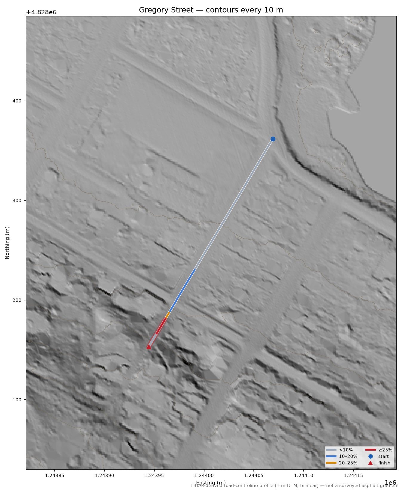 Gregory Street LiDAR hillshade map with contours
