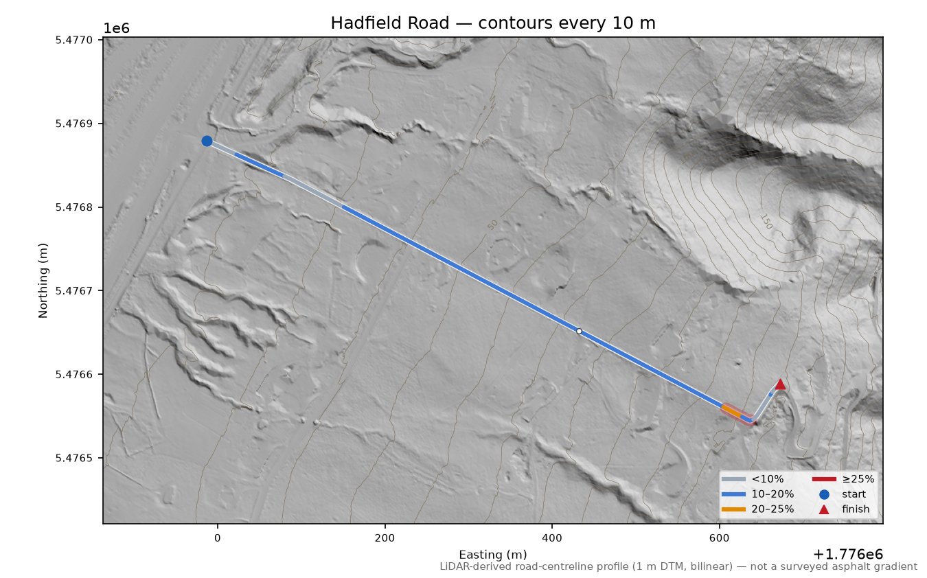 Hadfield Road LiDAR hillshade map with contours