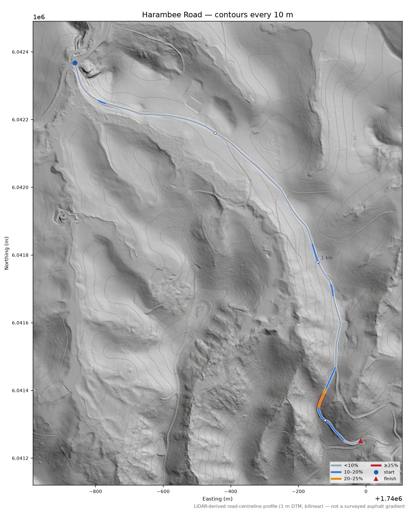 Harambee Road LiDAR hillshade map with contours