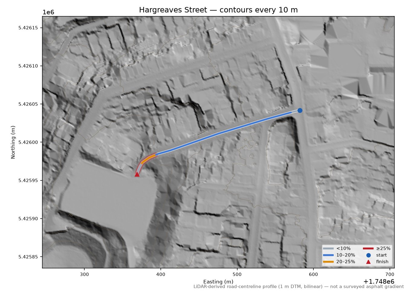 Hargreaves Street LiDAR hillshade map with contours
