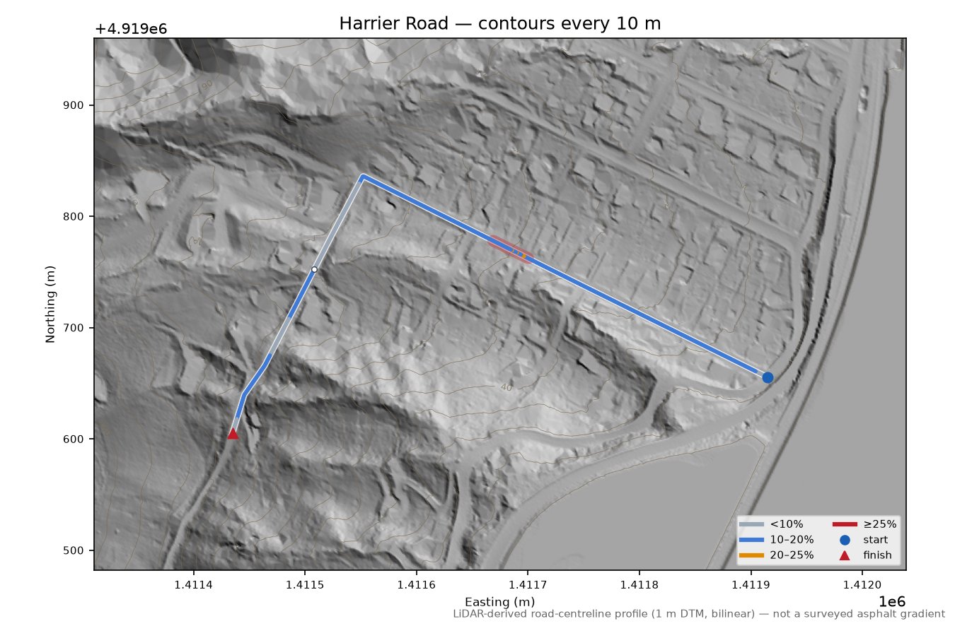 Harrier Road LiDAR hillshade map with contours