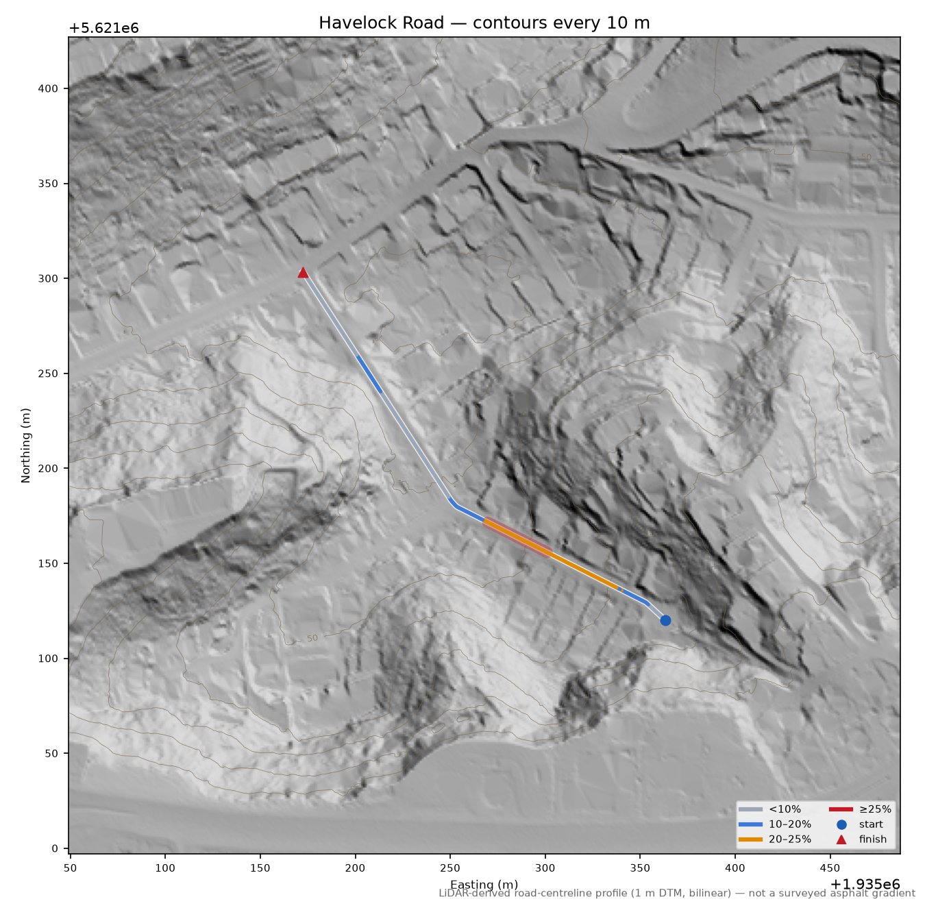 Havelock Road LiDAR hillshade map with contours