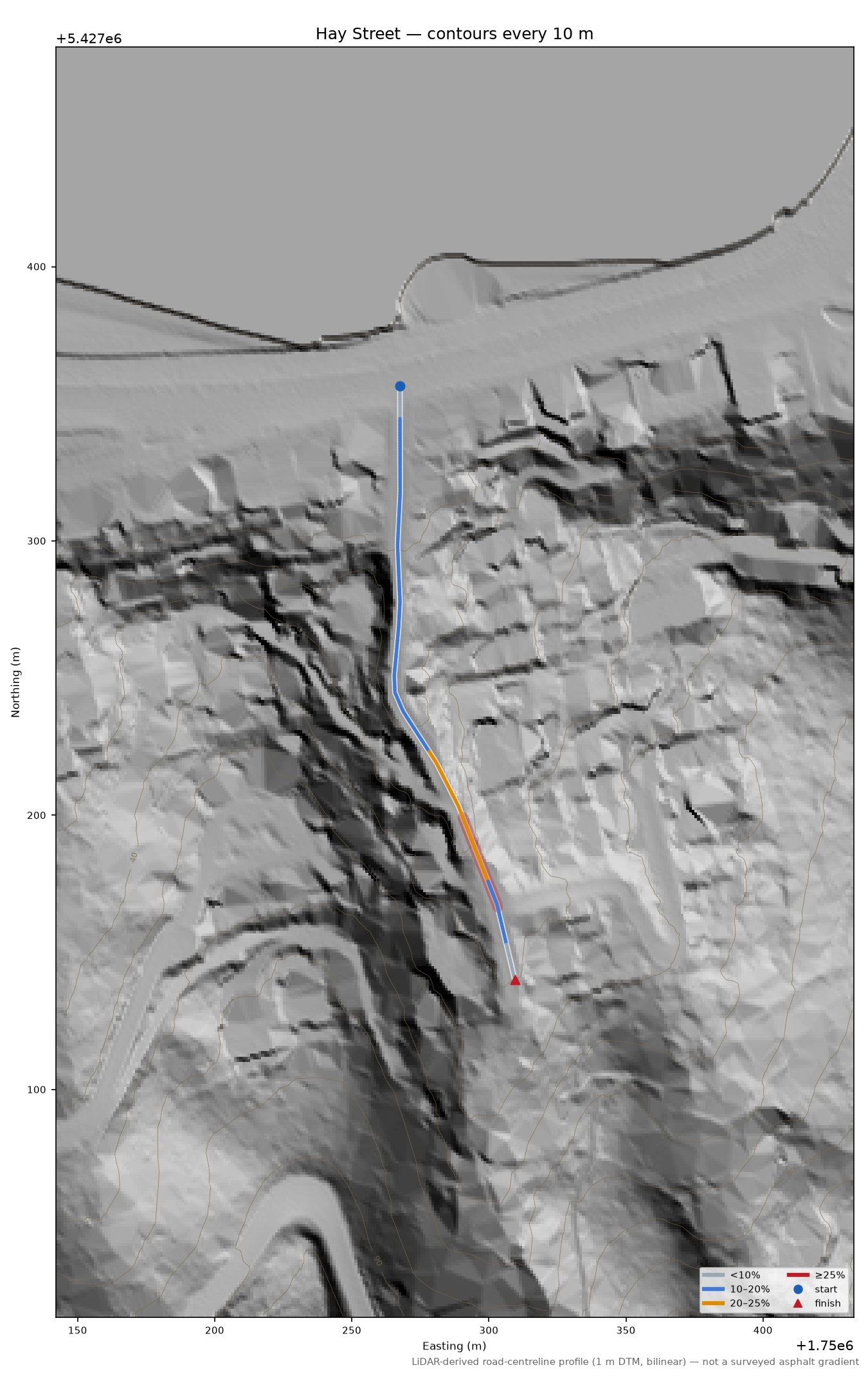 Hay Street LiDAR hillshade map with contours
