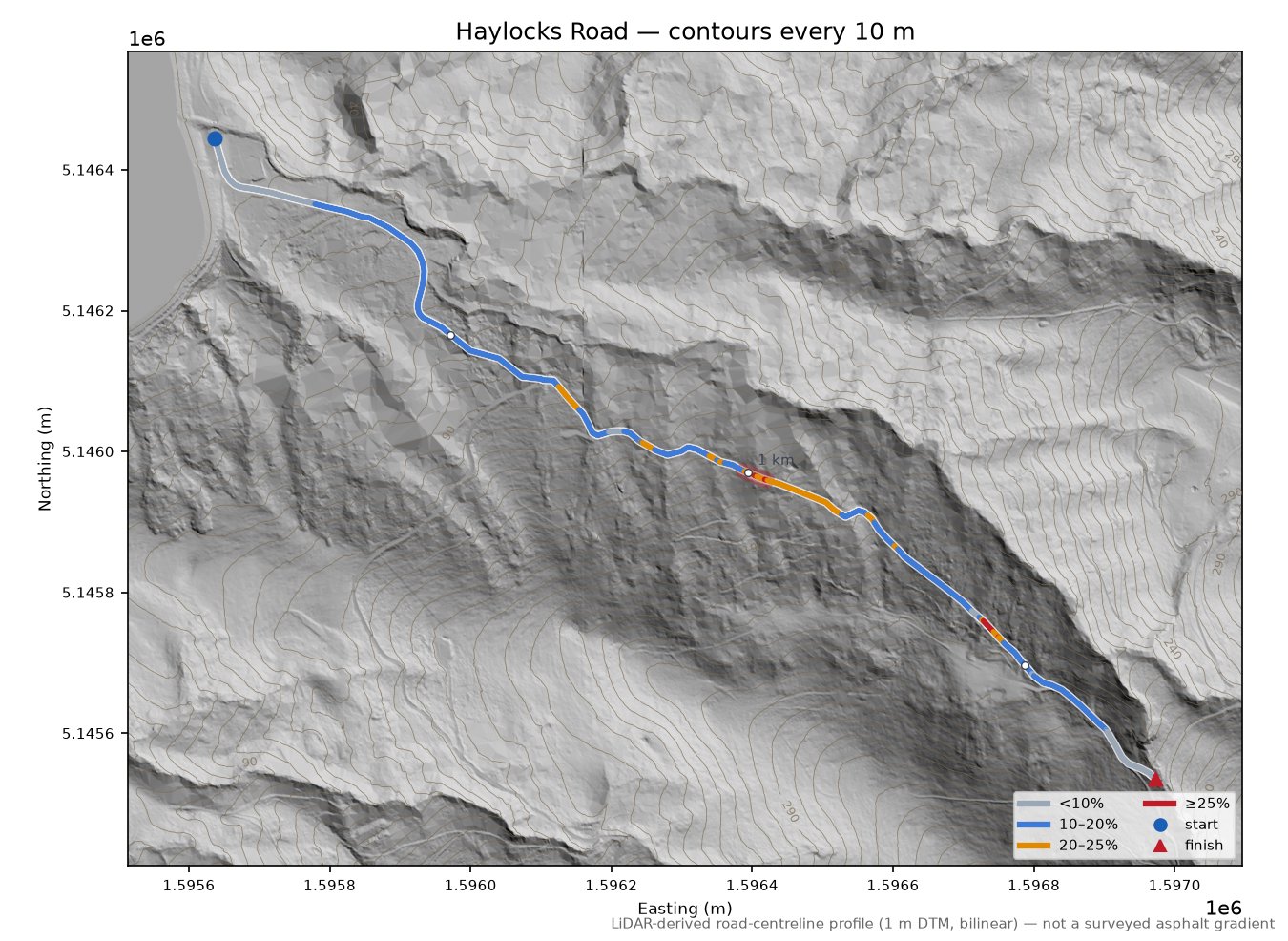 Haylocks Road LiDAR hillshade map with contours