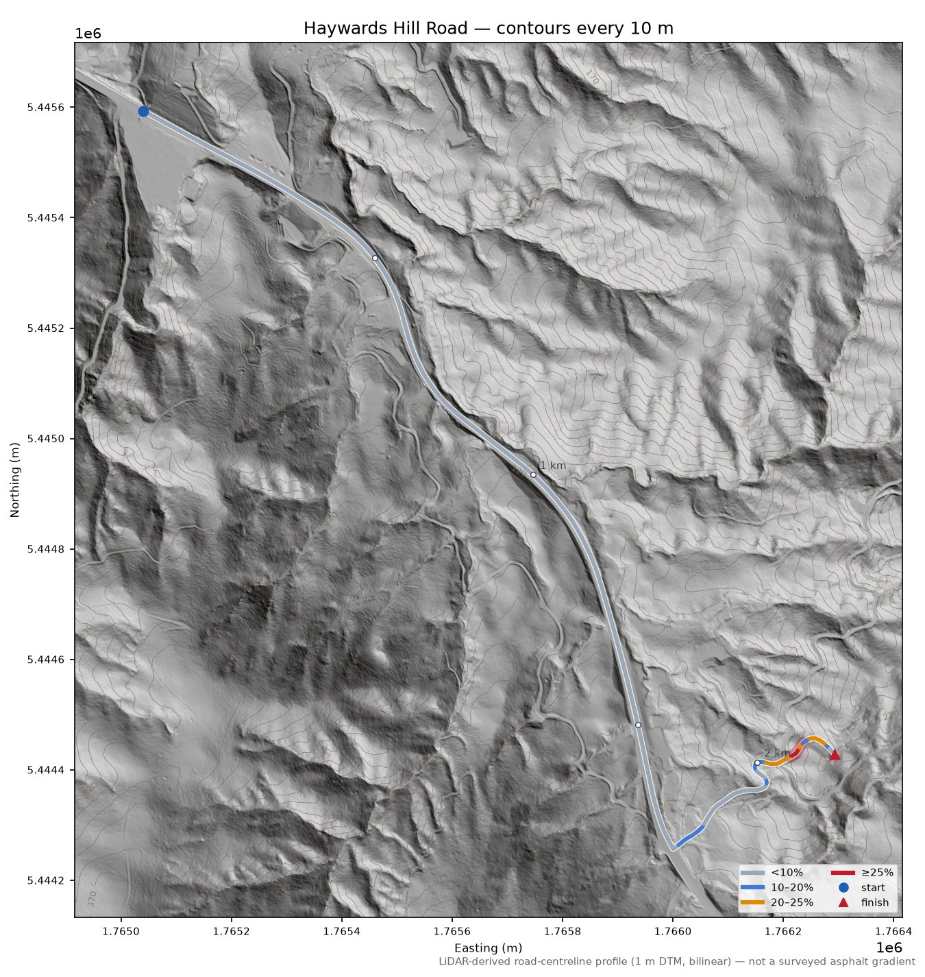 Haywards Hill Road LiDAR hillshade map with contours