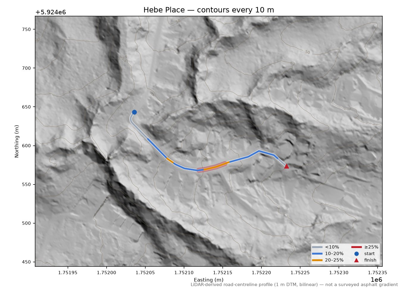Hebe Place LiDAR hillshade map with contours
